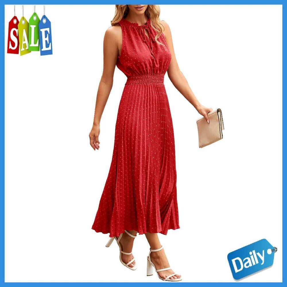 Women's Midi Summer Dress V Neck Swiss Dot Ruffle Sleeveless A Line
